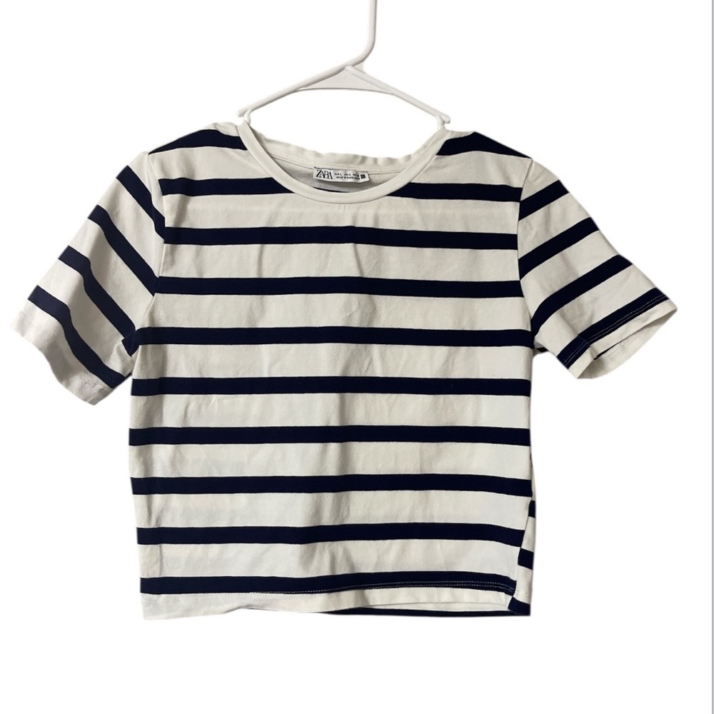 Zara Navy and White Striped Crop Top